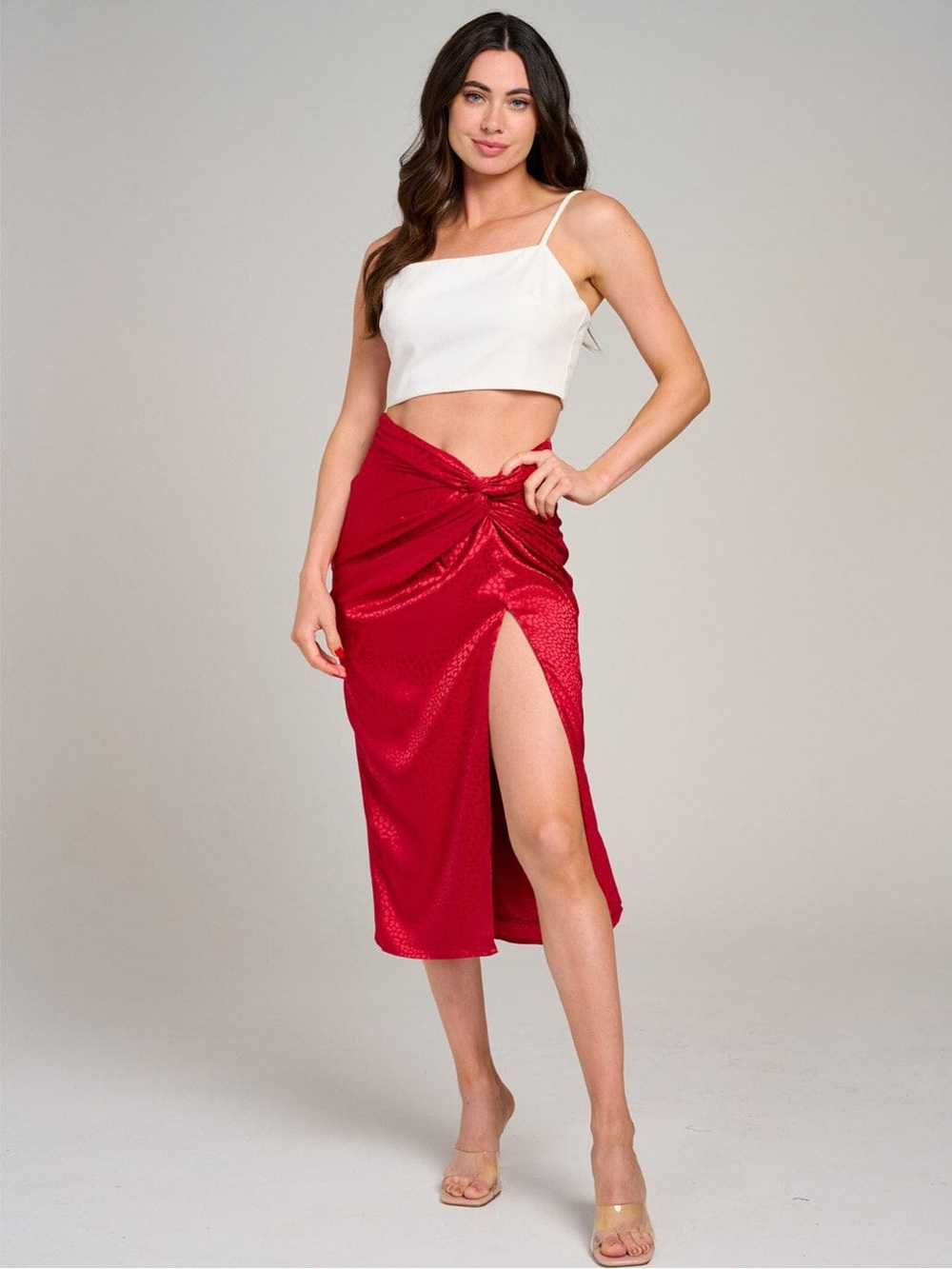 Red Twist-Front Midi Skirt with High Slit - Women's